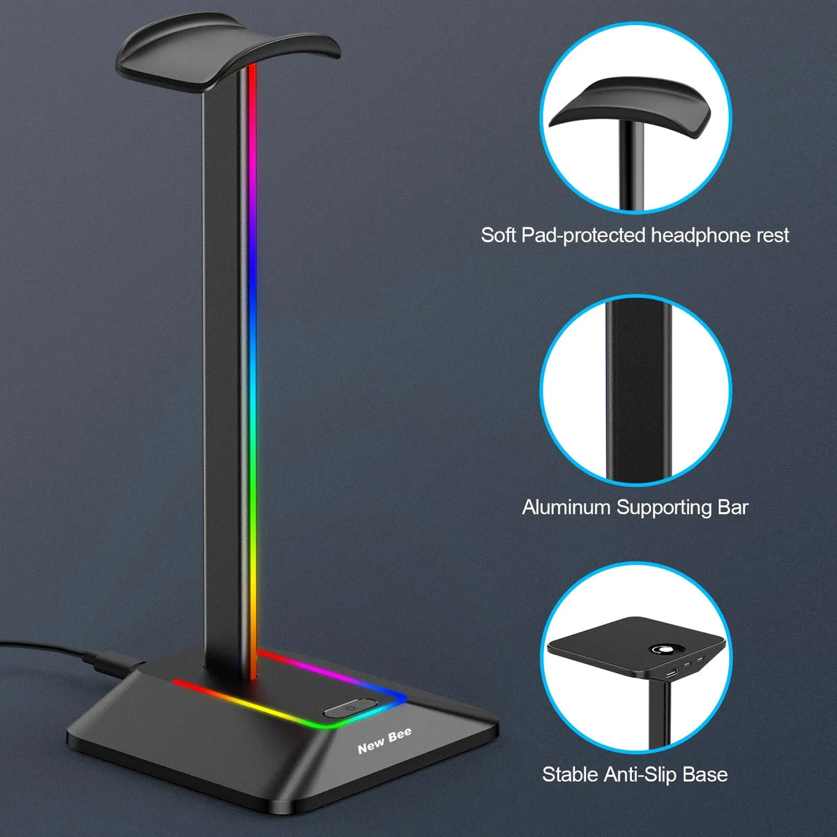 Soporte para Audífonos New Bee Z8 – RGB con 2 Puertos USB