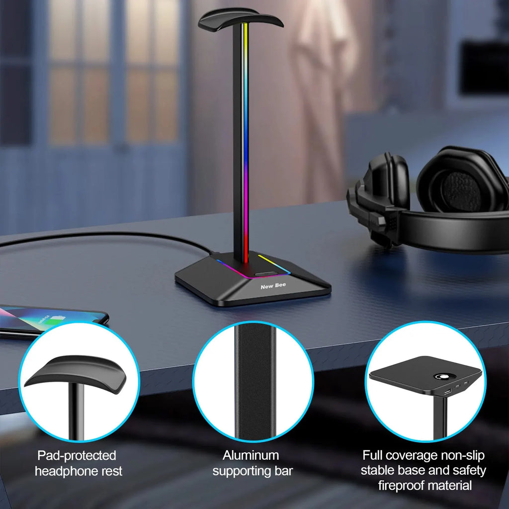 Soporte para Audífonos New Bee Z8 – RGB con 2 Puertos USB
