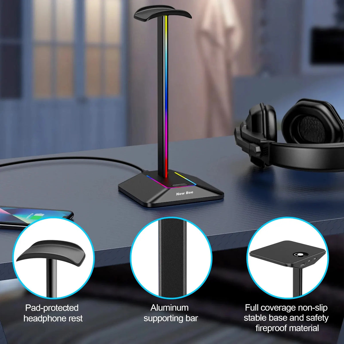 Soporte para Audífonos New Bee Z8 – RGB con 2 Puertos USB