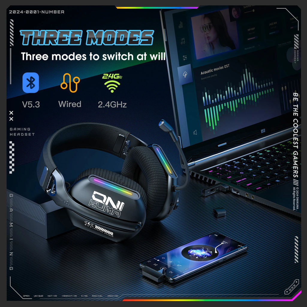 Audífonos Gamer Onikuma GT808 – Triple Modo Bluetooth 5.3 / 2.4GHz / 3.5mm con RGB