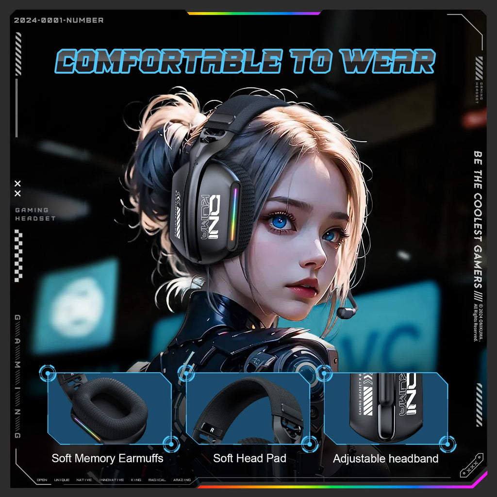 Audífonos Gamer Onikuma GT808 – Triple Modo Bluetooth 5.3 / 2.4GHz / 3.5mm con RGB