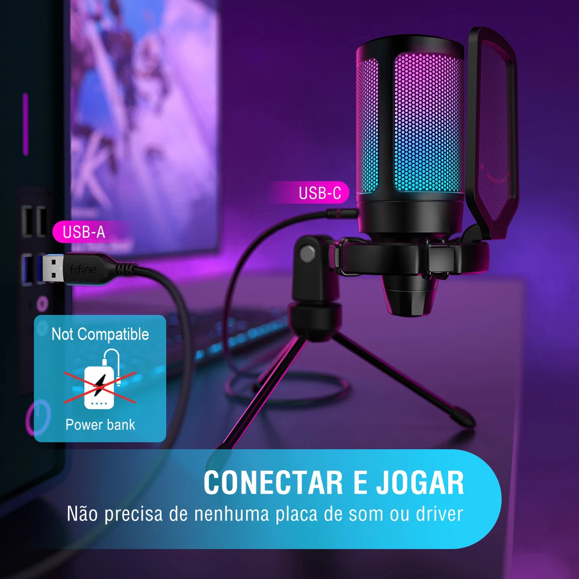 Micrófono FIFINE AmpliGame A6V – USB Condensador con Filtro y Brazo Antivibración
