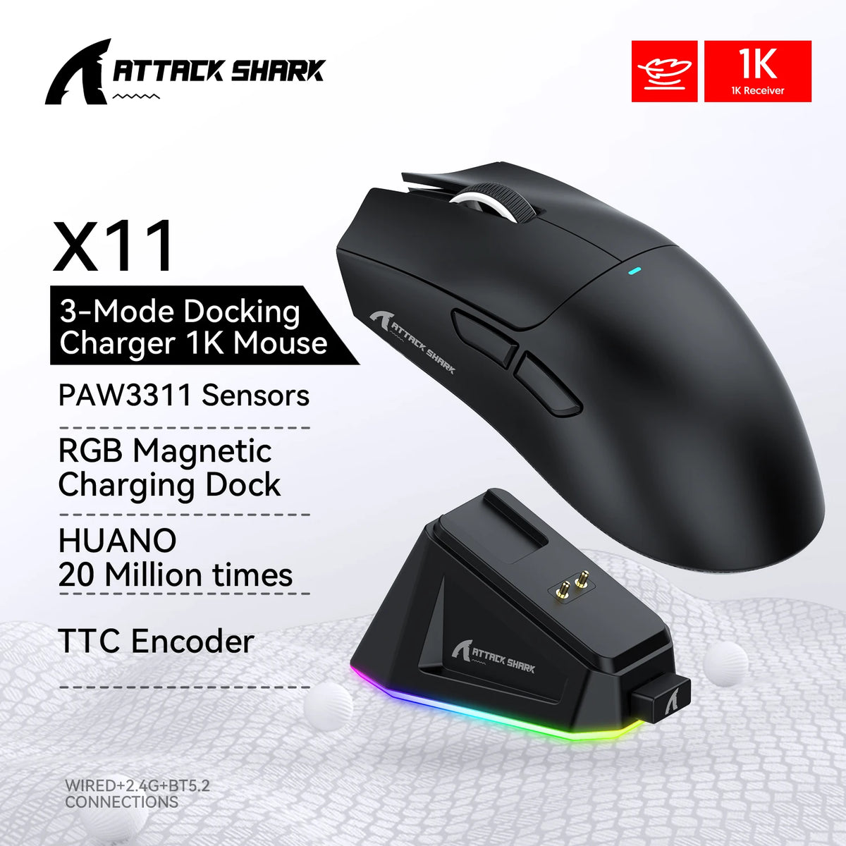 Mouse Gamer Attack Shark X11 – Inalámbrico Triple Modo, Sensor PAW3311 22.000 DPI