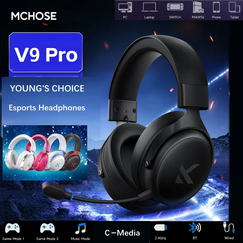 Audífonos Gamer MCHOSE V9 Pro – Inalámbricos Triple Modo con Micrófono y App