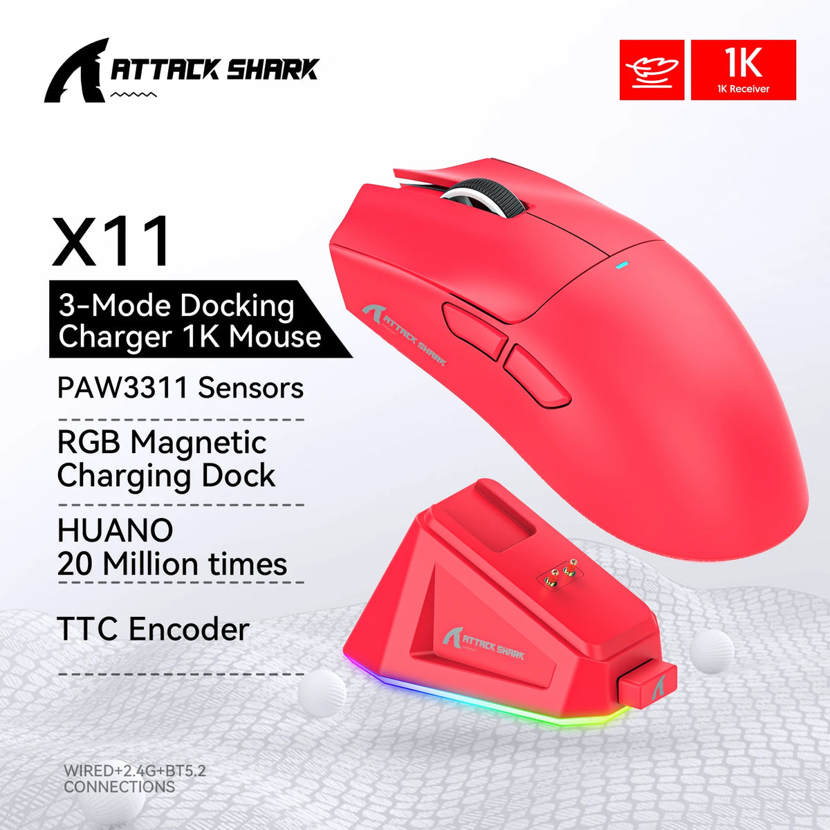 Mouse Gamer Attack Shark X11 – Inalámbrico Triple Modo, Sensor PAW3311 22.000 DPI