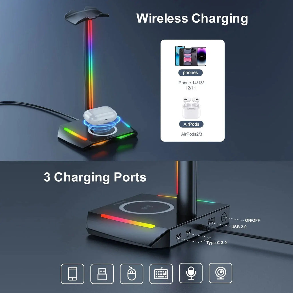 Soporte para Audífonos New Bee Z12 – RGB con Cargador Inalámbrico